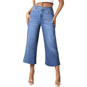 Women High Waisted Wide Leg Jeans Stretchy Baggy Capri Denim Pants